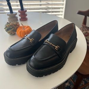 Sam Edelman Black Leather Platform Loafers with Gold Bit